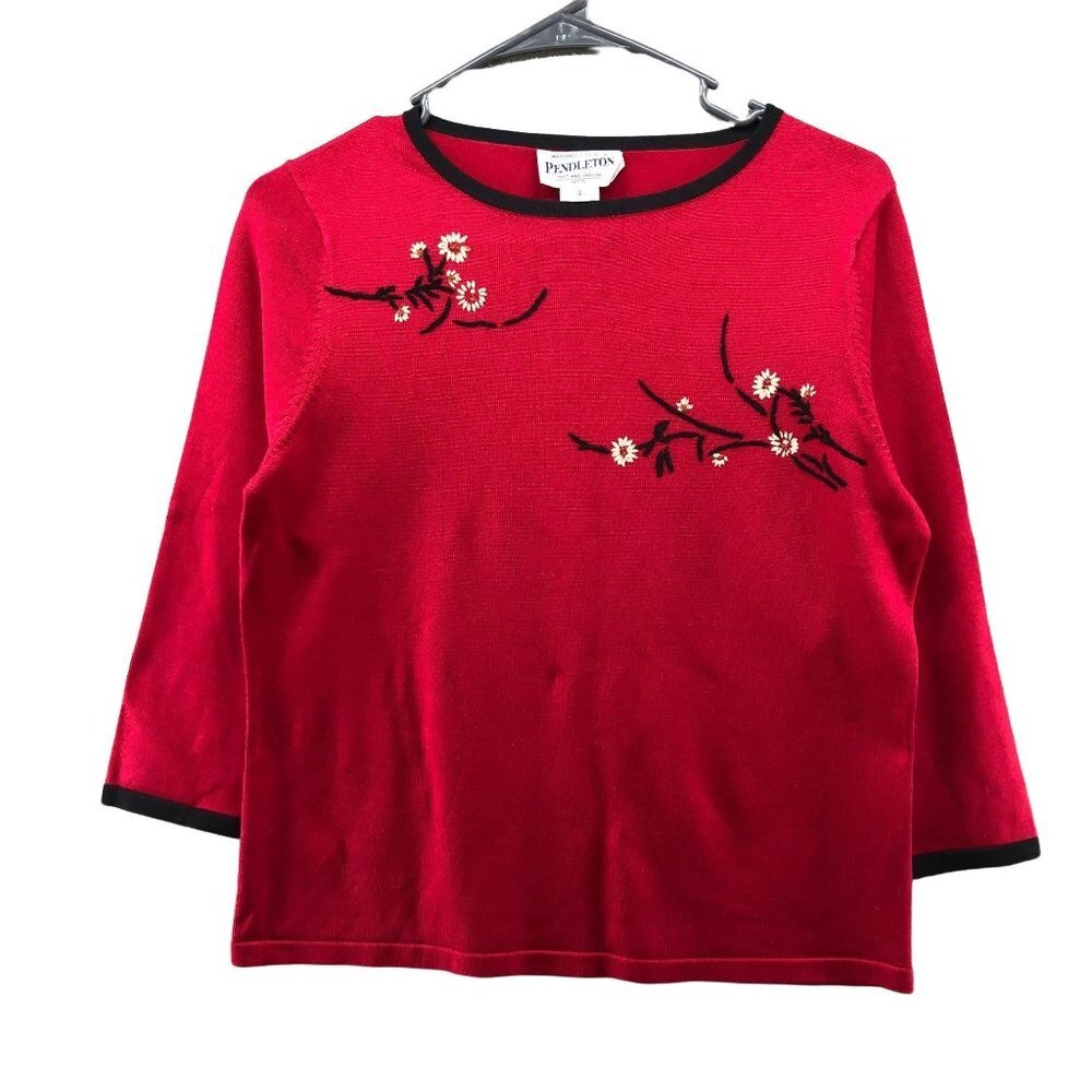 VTG Pendleton Silk Stretch Sweater Womens SP Red Crewneck Embroidered Knit